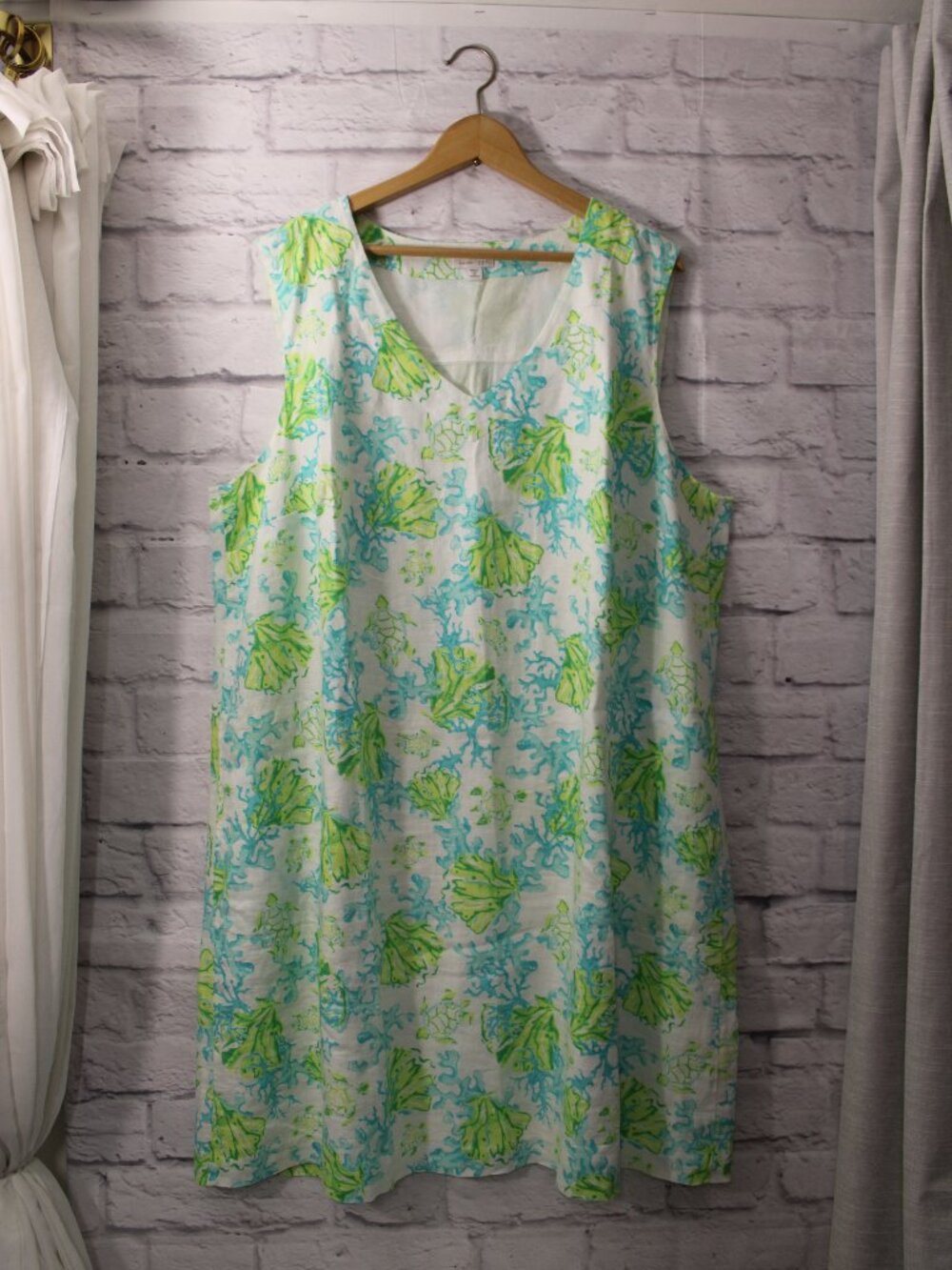J. Jill Plus Love Linen 3X Colorful Green V Neck Sleeveless Sheath Summer Dress